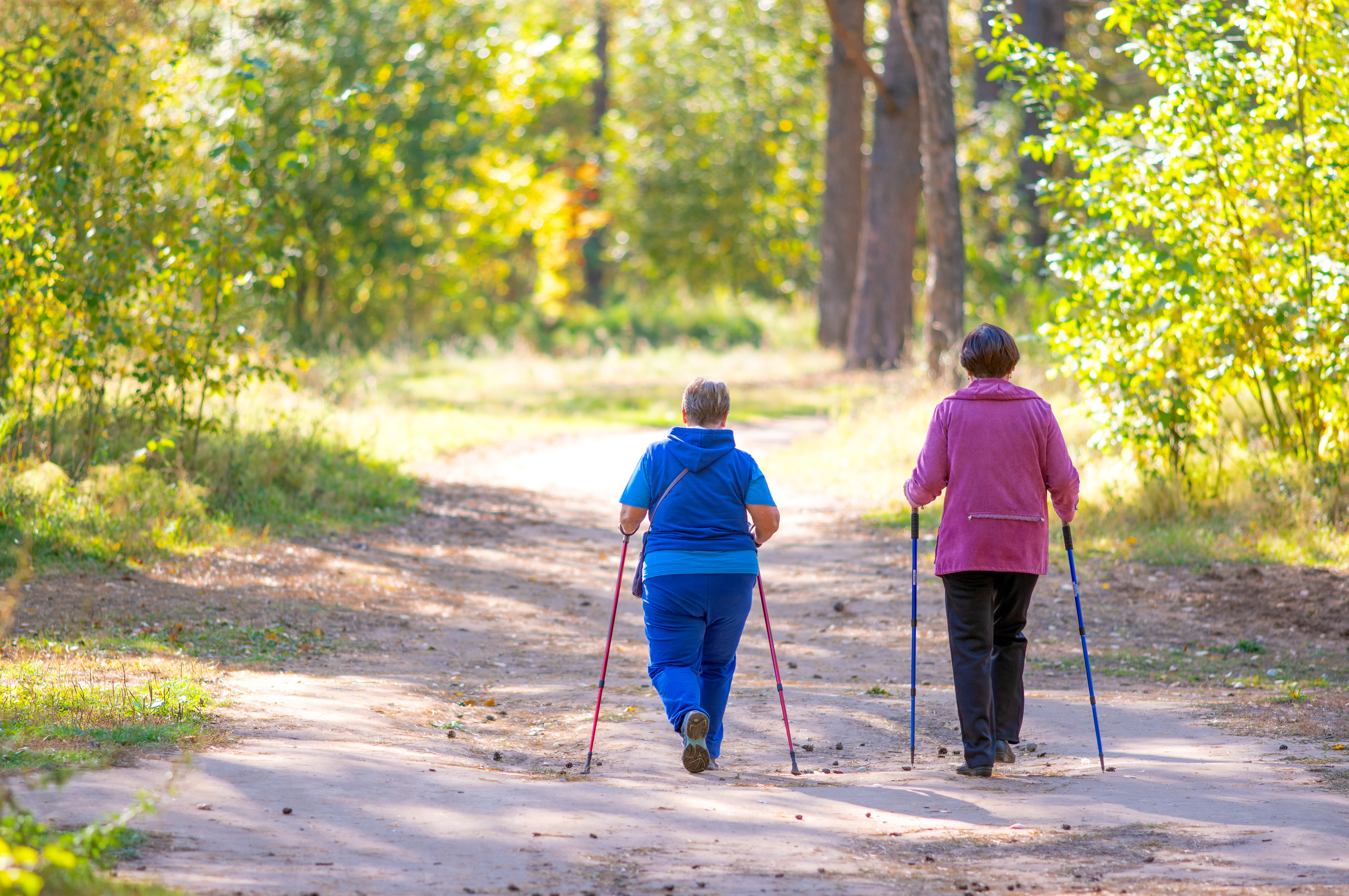 two older women walking in the woods with walking poles