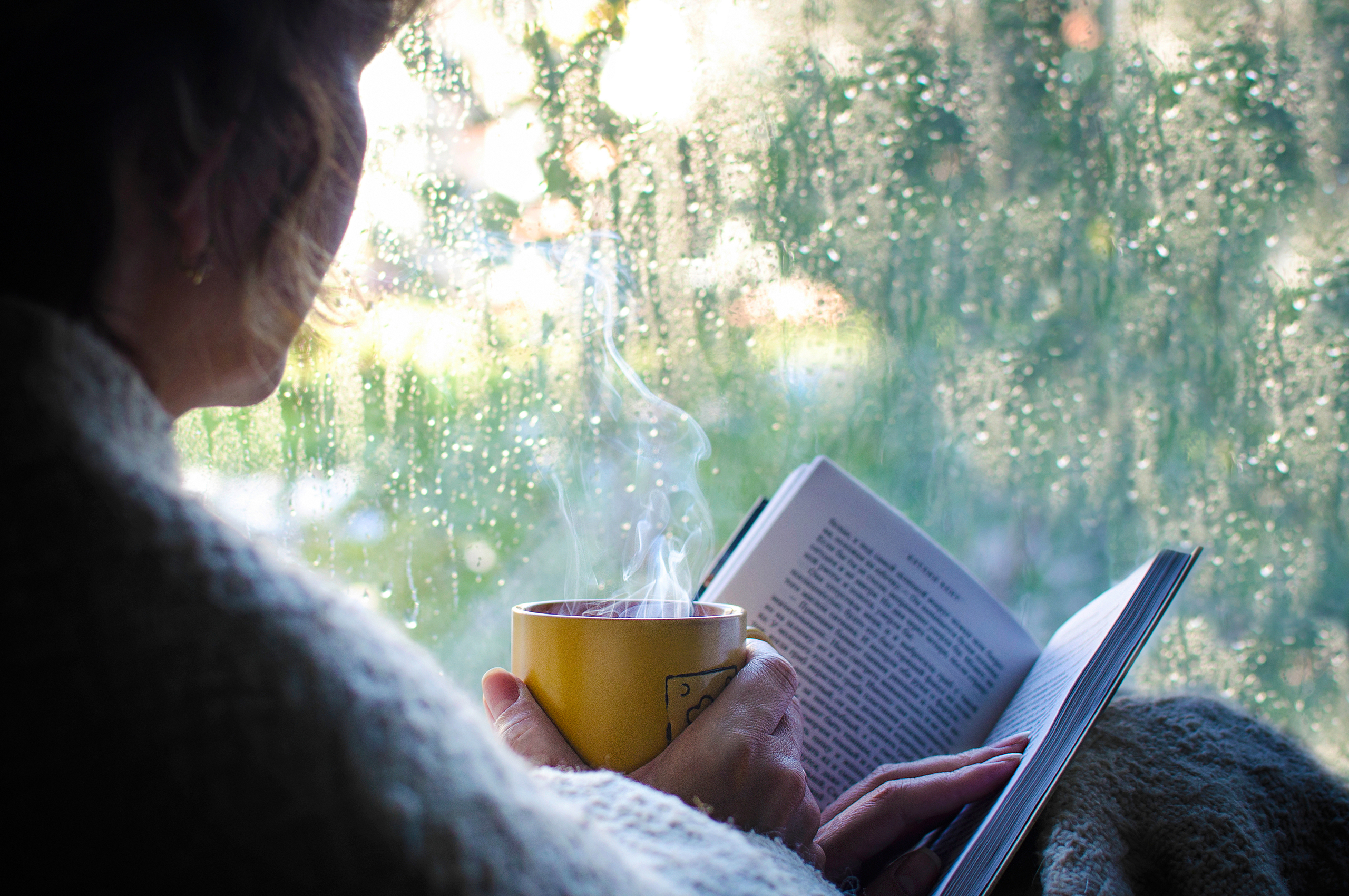 person reading with a cup of tea on a rainy day