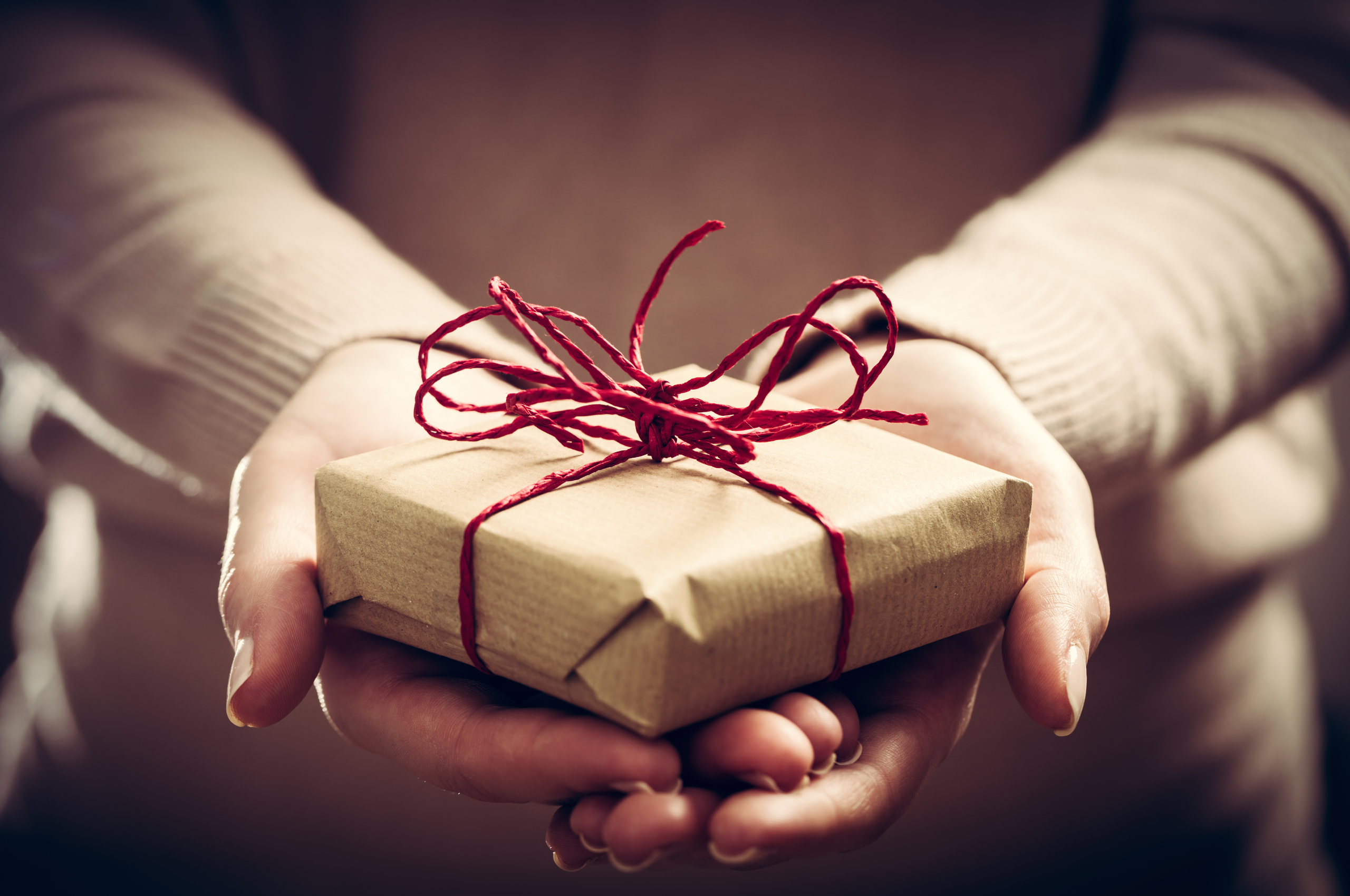 person giving a hand-wrapped gift
